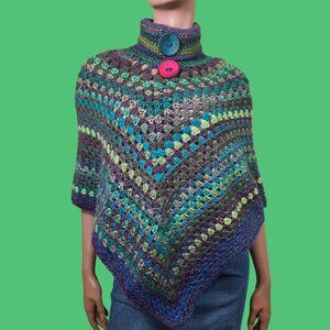 Vintage Crochet Poncho Size XS Handmade Striped Green Purple Blue Hippie Boho